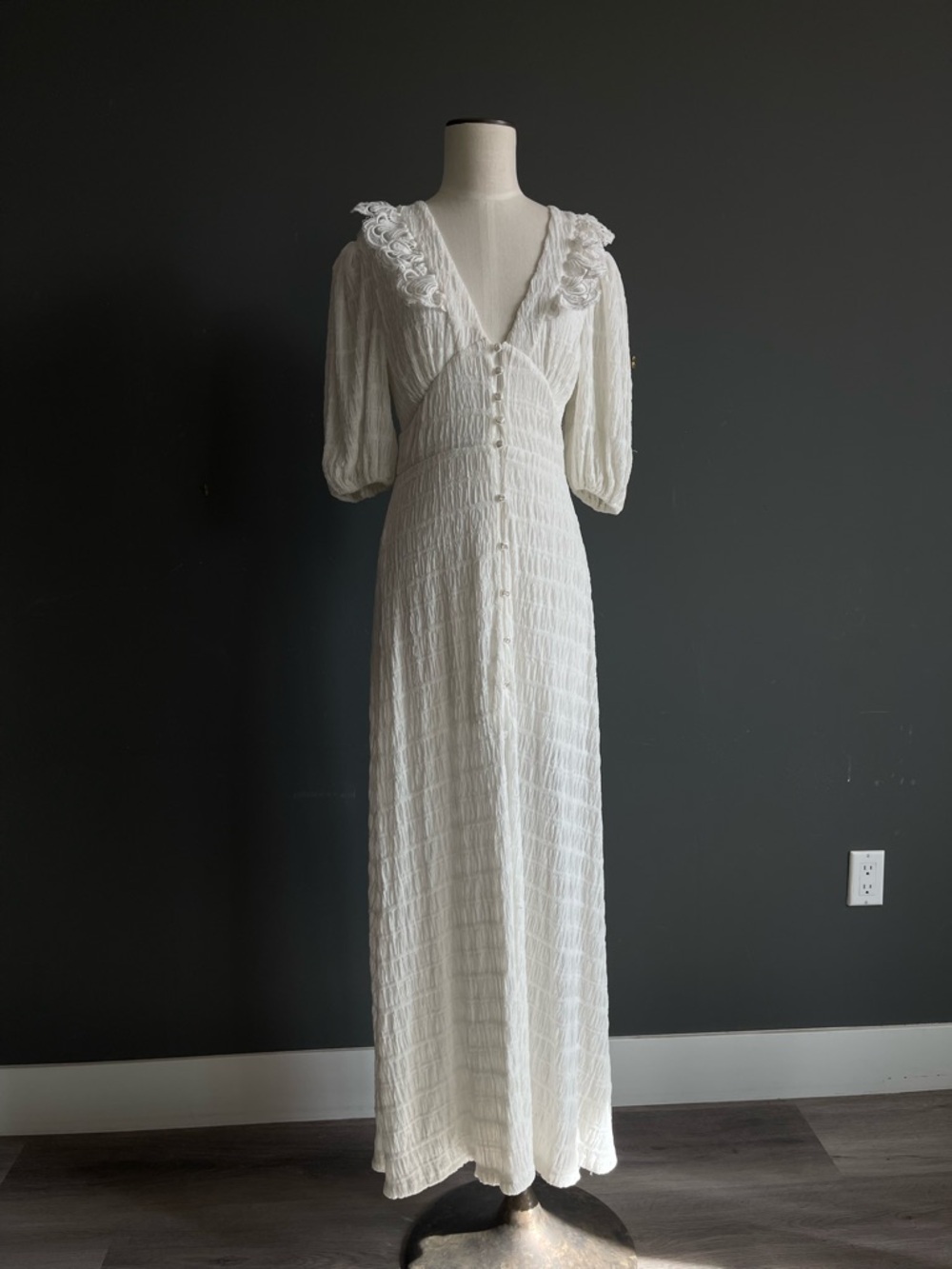 CIEBON White Textured Midi Dress Lace Trim Puff Sleeve Romantic Cottagecore Soft